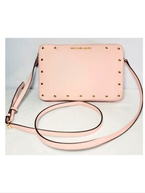 Michael Kors Sandrine Gold Studded Pink Crossbody Bag.